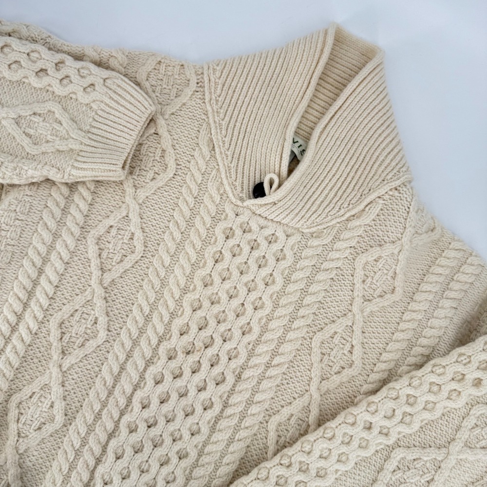 Orvis Irish Merino Wool Cable Knit Shawl Collar Sweater Cream XL Made in Ireland
